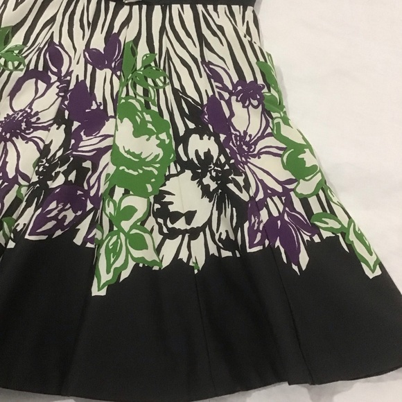 Danny & Nicole Green Purple Cream Black Floral Fit & Flare Dress w/Waist Detail - Picture 3 of 11